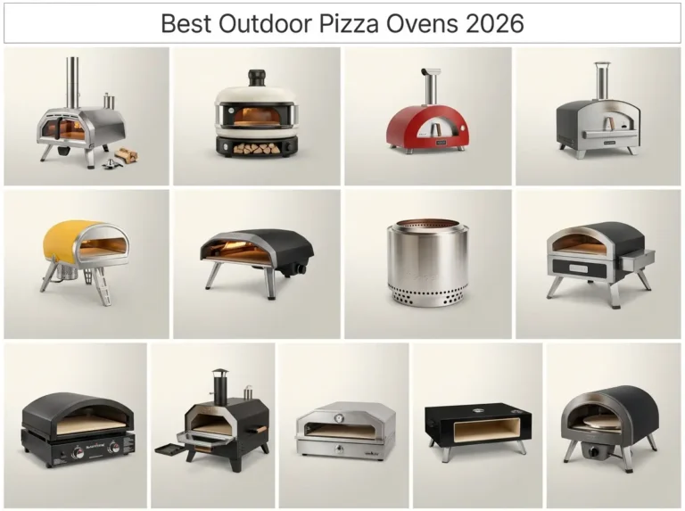 Best outdoor pizza ovens of 2026 product collage featuring 12 top-rated models from Ooni, Gozney, Solo Stove, Ninja, Bertello, BIG HORN, and Cuisinart.