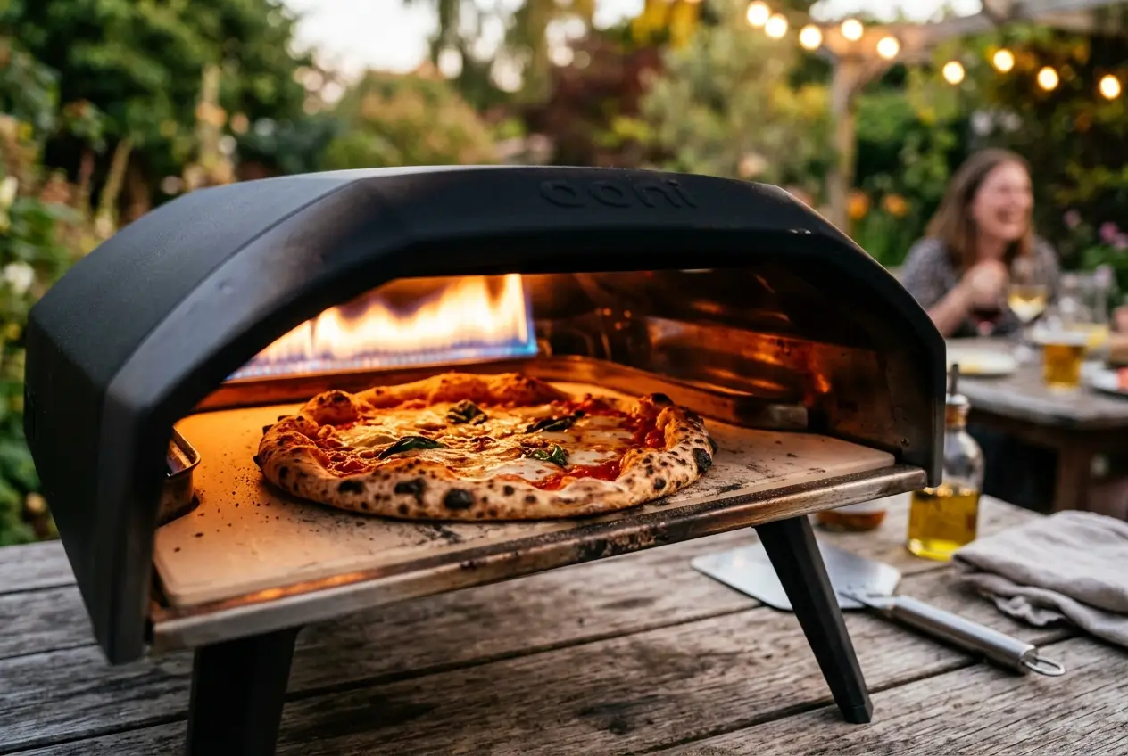 Neapolitan pizza baking inside an Ooni Koda 16 outdoor pizza oven with leopard-spotted crust, bubbling mozzarella, and fresh basil under a glowing gas flame.