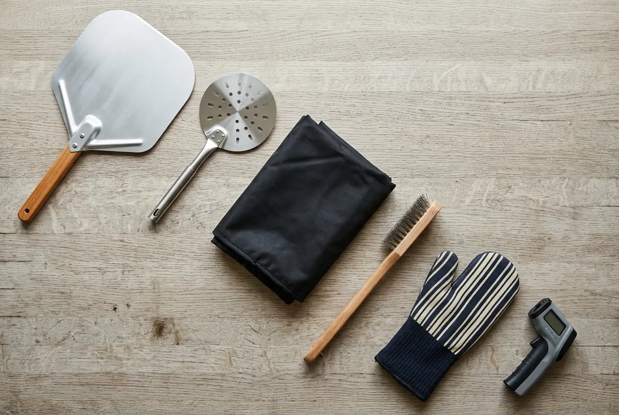 Outdoor pizza oven accessories flat lay with peel, turning peel, waterproof cover, infrared thermometer, oven brush, and bowl of semolina flour on a wood surface.
