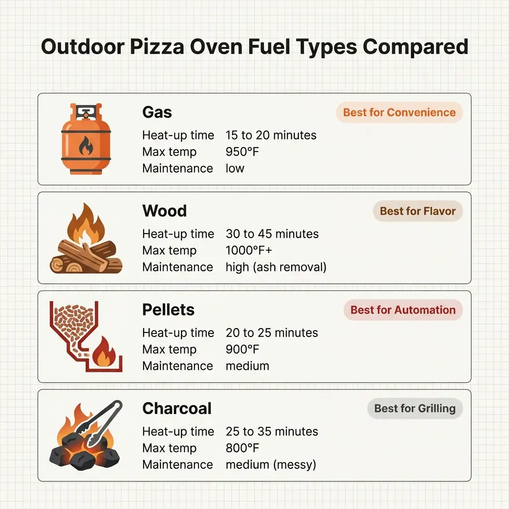 Outdoor pizza oven fuel type comparison chart showing heat-up time, max temperature, and maintenance level for gas, wood, multi-fuel, and electric ovens.
