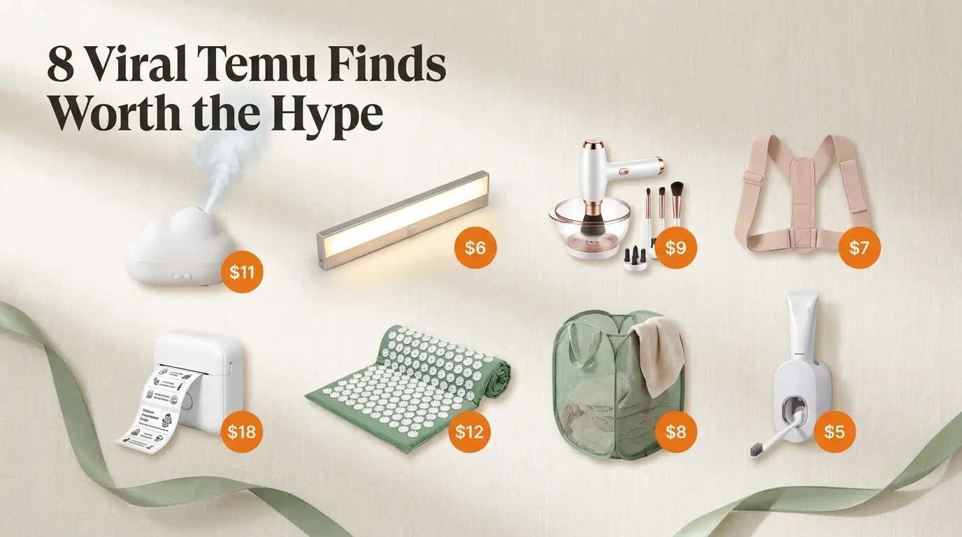Eight viral Temu finds including rain cloud humidifier, LED motion sensor light, acupressure mat, electric makeup brush cleaner, and mini thermal printer with prices