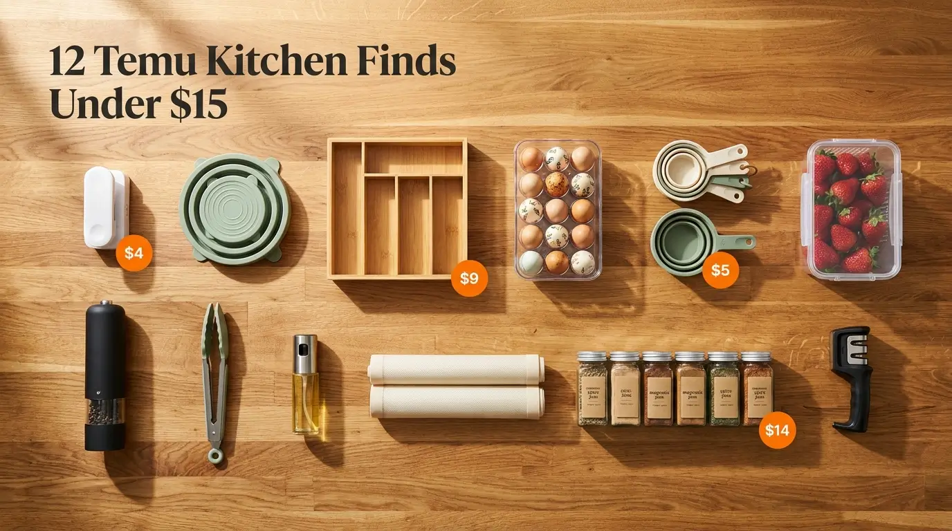 Twelve Temu kitchen finds under $15 including magnetic bag resealer, silicone stretch lids, bamboo drawer organizers, and magnetic spice jars