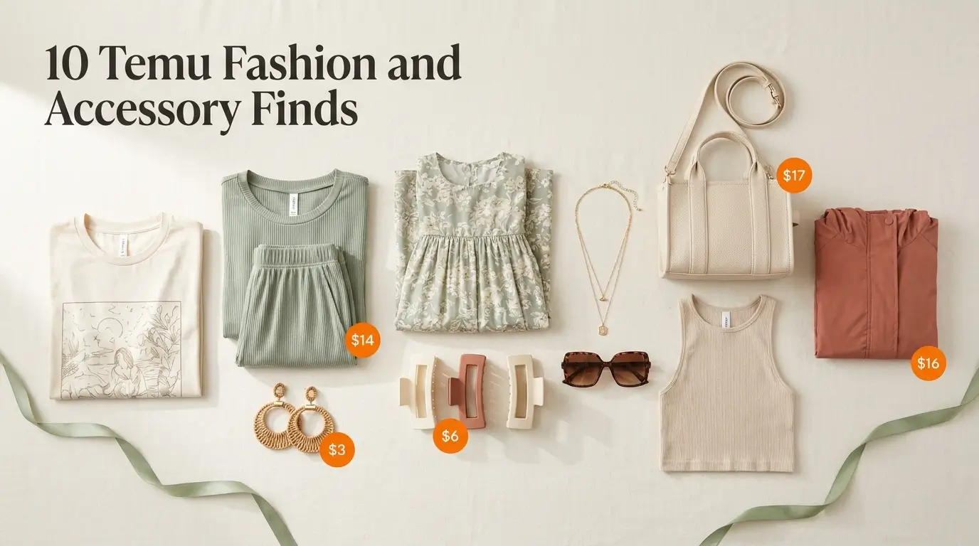 Ten Temu fashion finds flat lay including oversized graphic tee, ribbed lounge set, woven rattan earrings, floral maxi dress, claw clips, crossbody bag, and packable rain jacket