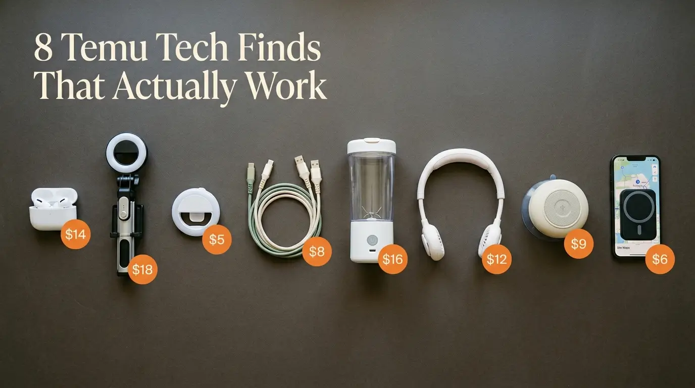 Eight Temu tech finds flat lay including wireless earbuds, phone tripod with ring light, USB-C cables, portable blender, neck fan, Bluetooth shower speaker, and magnetic phone car mount