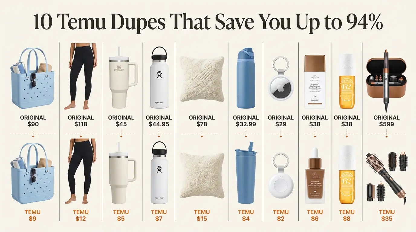 Ten Temu dupes side by side with name brand originals including Bogg Bag, Lululemon Align, Stanley Quencher, Apple AirTag, and Dyson Airwrap with prices and savings