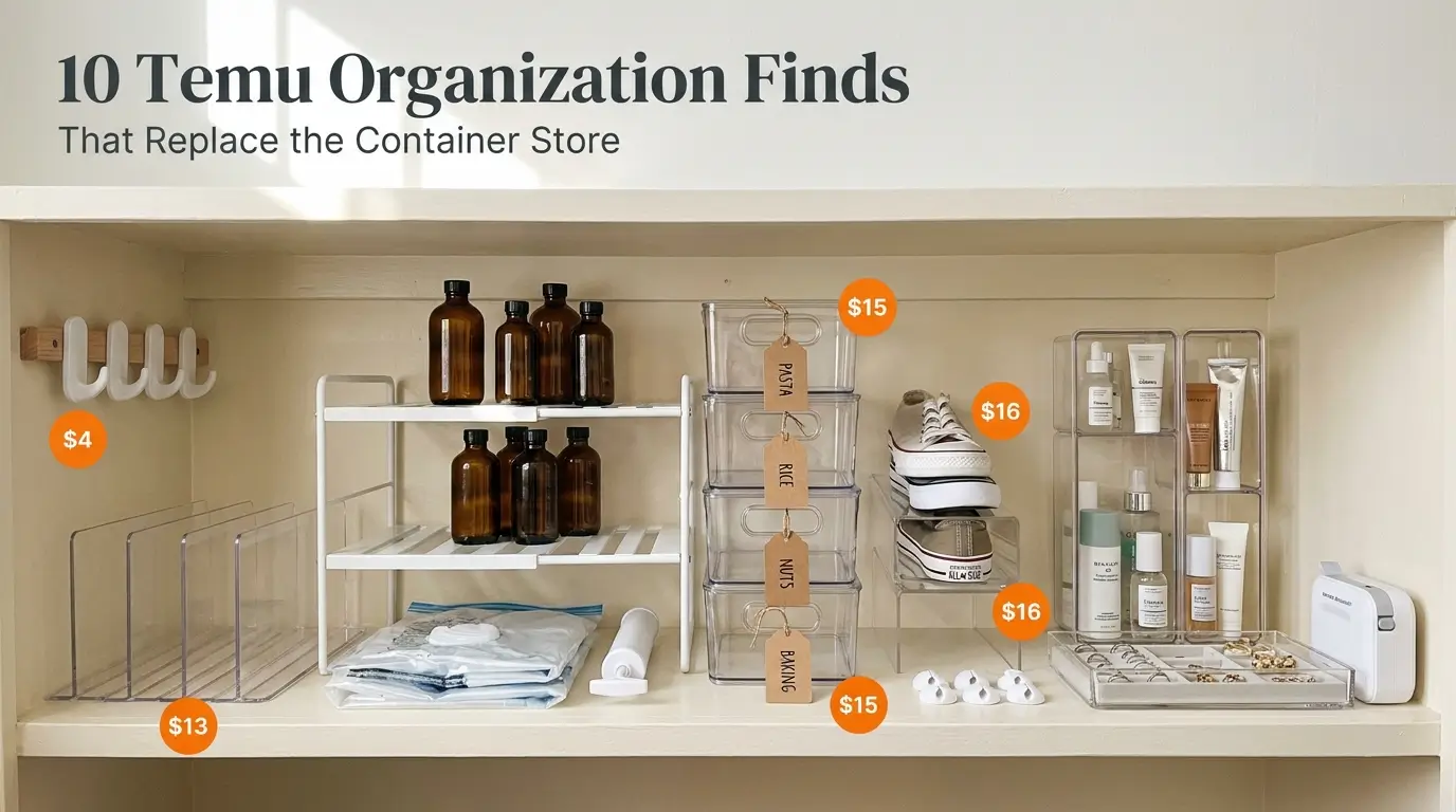 Ten Temu home organization finds including adhesive closet hooks, acrylic shelf dividers, pantry bins, vacuum storage bags, and a label maker arranged on a closet shelf