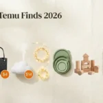 75 best Temu finds for 2026 horizontal flat lay including humidifier, Bogg Bag dupe, LED strip lights, silicone storage lids, and Montessori block set