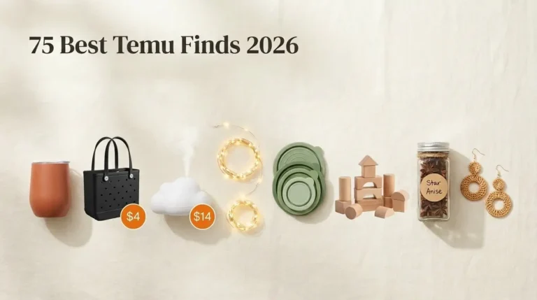 75 best Temu finds for 2026 horizontal flat lay including humidifier, Bogg Bag dupe, LED strip lights, silicone storage lids, and Montessori block set