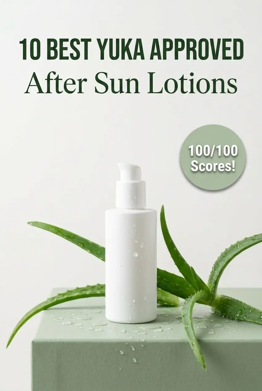 Pinterest pin graphic for the best Yuka approved after sun lotions featuring a white bottle on a green background.