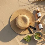 Overhead view of clean skincare bottles and aloe vera on sand representing safe after sun care.