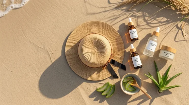 Overhead view of clean skincare bottles and aloe vera on sand representing safe after sun care.