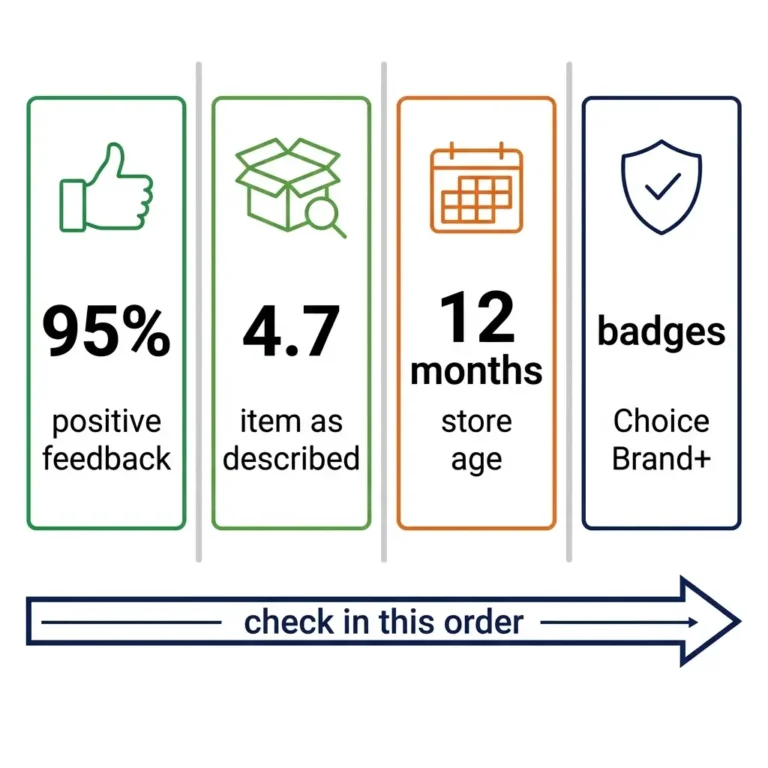Four AliExpress seller trust metrics with thresholds, 95 percent feedback, 4.7 item as described, 12 months store age, and verification badges