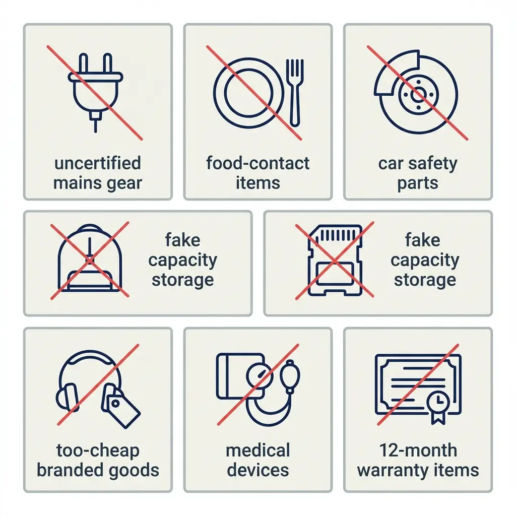 Grid of seven product categories to avoid buying on AliExpress including uncertified mains electrical goods, food contact items and car safety parts