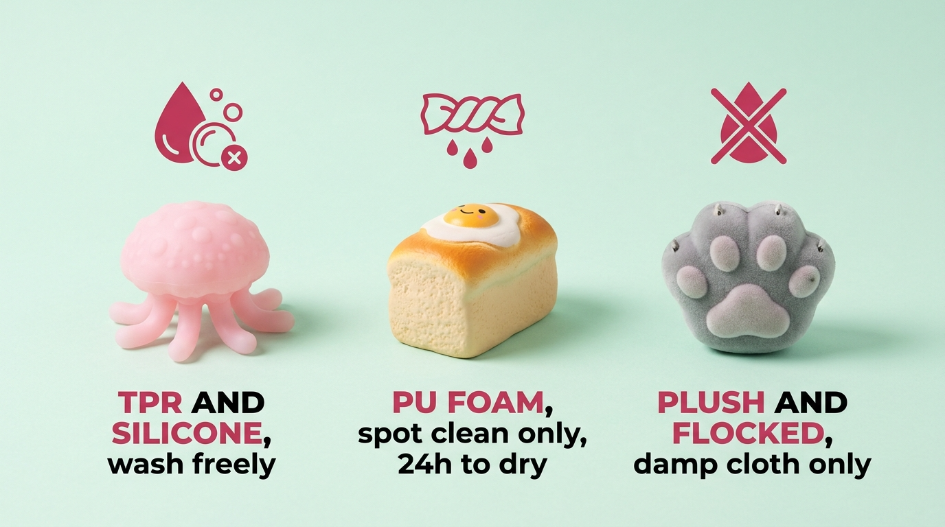 The 25 best squishies on Temu in 2026, ranked and scored 29 Three Temu squishies labeled with washing instructions for TPR, PU foam, and flocked materials