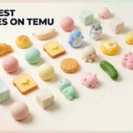 Overhead flat lay of 25 colorful squishy toys from Temu arranged in a grid, labeled all under eight dollars