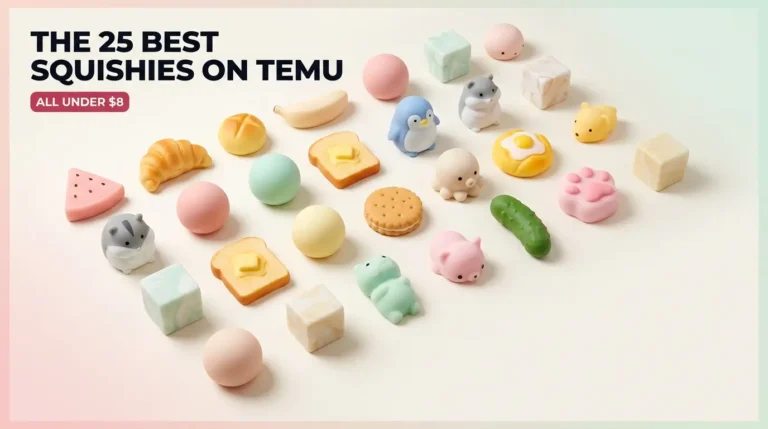 The 25 best squishies on Temu in 2026, ranked and scored 1 Overhead flat lay of 25 colorful squishy toys from Temu arranged in a grid, labeled all under eight dollars