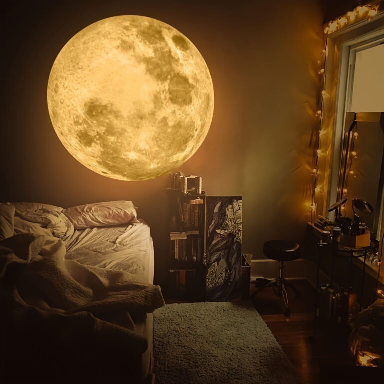 26 Temu Bedroom Finds for Better Sleep (17 Under $10) 13 USB moon projector lamp casting a moon onto a bedroom ceiling, with swappable color inserts