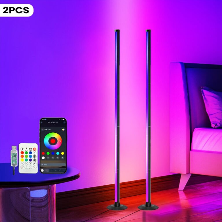 26 Temu Bedroom Finds for Better Sleep (17 Under $10) 22 Smart RGBIC LED floor lamp backlighting a bed corner with several colors at once