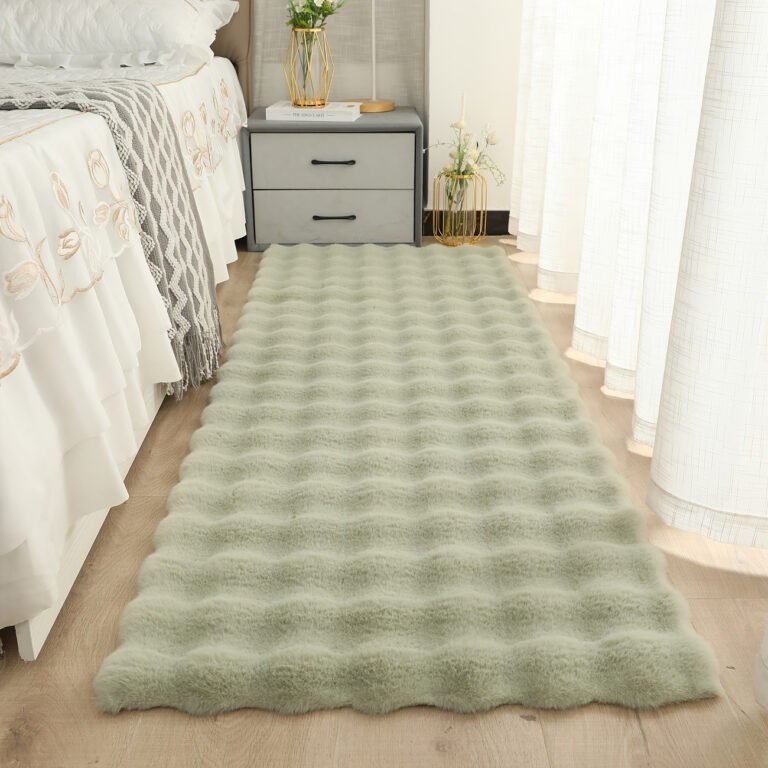 26 Temu Bedroom Finds for Better Sleep (17 Under $10) 17 Cream bubble texture bedside floor mat for a soft step out of bed in a neutral bedroom