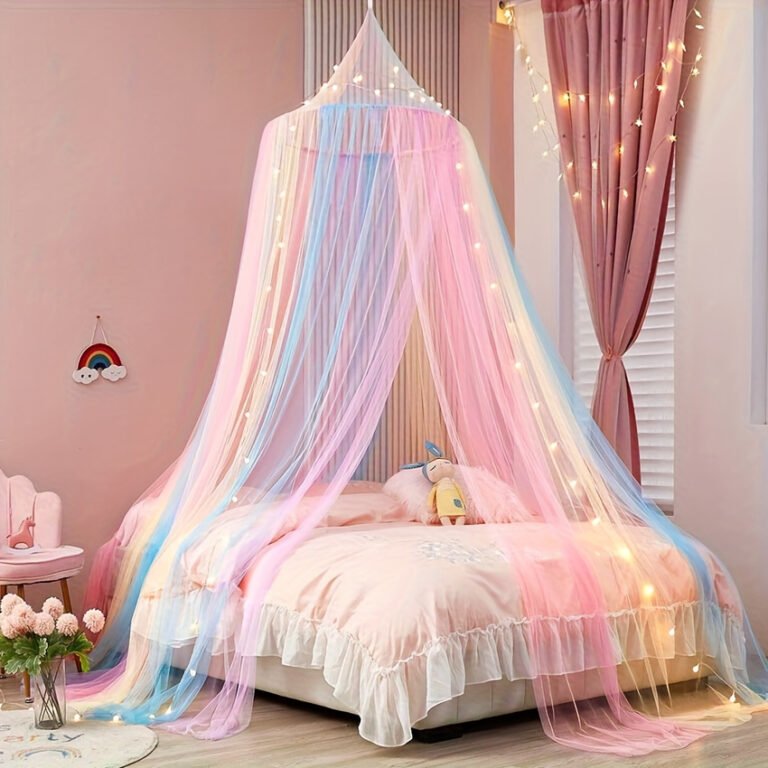 26 Temu Bedroom Finds for Better Sleep (17 Under $10) 20 Rainbow dome bed canopy net hanging over a bed, an aesthetic Temu bedroom find