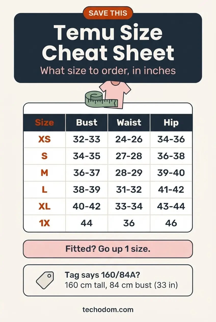 Temu size cheat sheet for women with US sizes XS to 1X in inches, plus when to size up for Temu outfits that fit.