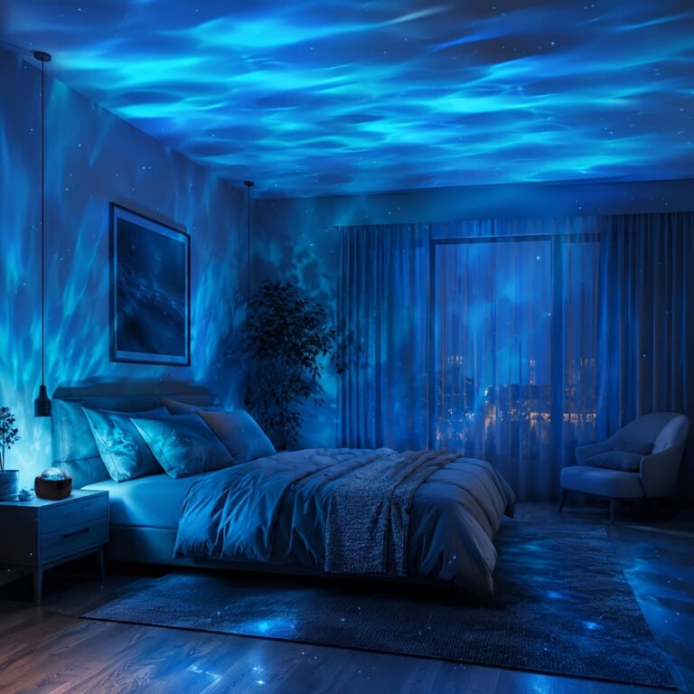 26 Temu Bedroom Finds for Better Sleep (17 Under $10) 14 Aurora star projector with remote casting colorful light waves across a bedroom ceiling