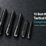 Six black military grade tactical flashlights in a flat lay with the headline 15 Best Military Grade Tactical Flashlights