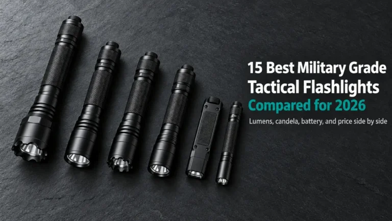 15 Best Military Grade Tactical Flashlights for 2026 1 Six black military grade tactical flashlights in a flat lay with the headline 15 Best Military Grade Tactical Flashlights