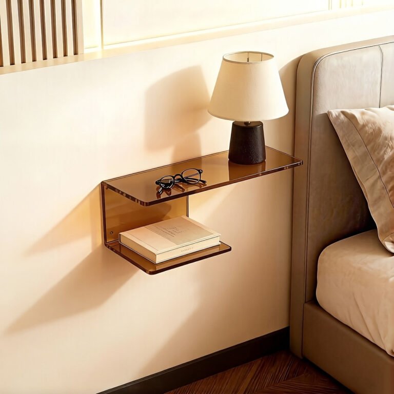 26 Temu Bedroom Finds for Better Sleep (17 Under $10) 25 Clear double layer acrylic wall shelf used as a floating bedside table in a small bedroom