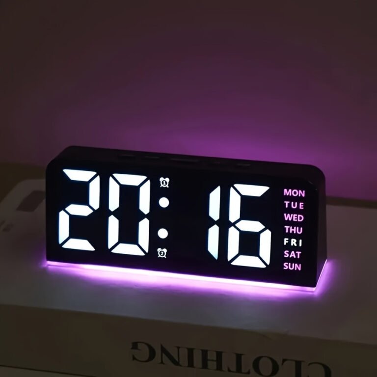 26 Temu Bedroom Finds for Better Sleep (17 Under $10) 8 Compact digital alarm clock with time, date, and 2 alarms on a narrow nightstand