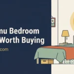 Flat illustration of a cozy bedroom showing 26 Temu bedroom finds, including lamps, bedding, and storage bins