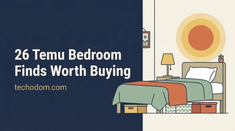 Flat illustration of a cozy bedroom showing 26 Temu bedroom finds, including lamps, bedding, and storage bins