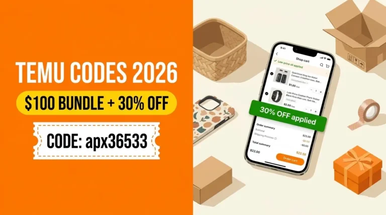 Temu codes graphic with code apx36533 for a $100 coupon bundle and 30% off, beside a phone showing a discounted cart