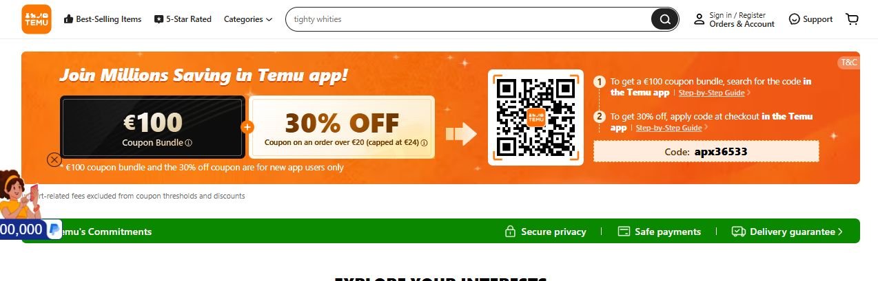 Temu Desktop Banner prompting users to download the temu app and search the code