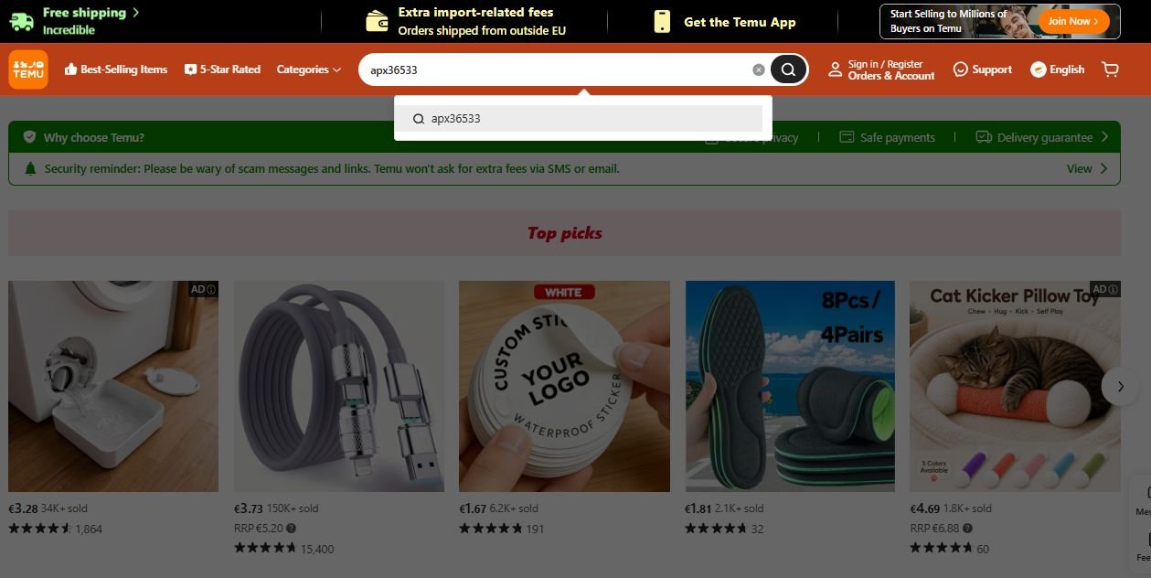 Temu homepage screenshot while searching the discount code APX36533