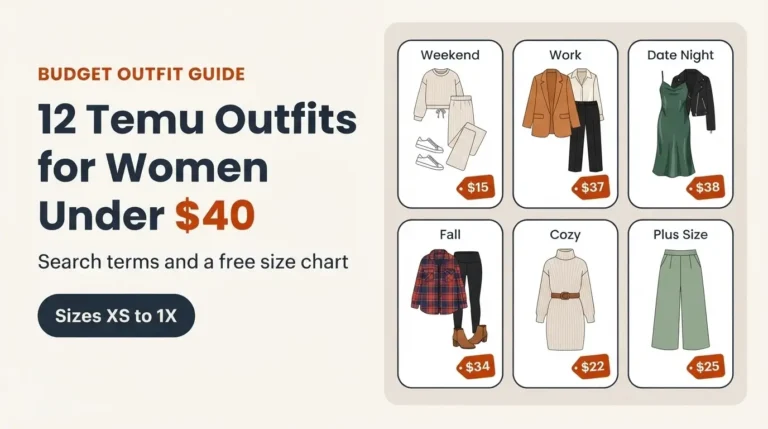 12 Temu outfits for women under $40, with six flat-lay looks for weekend, work, date night, fall, and plus size