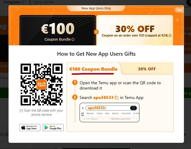 emu guide showing how to search apx36533 in the Temu app to claim the $100 (€100) coupon bundle