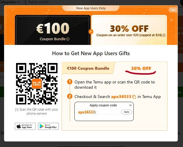 Temu guide showing the apply coupon code box at checkout with apx36533 entered for 30% off